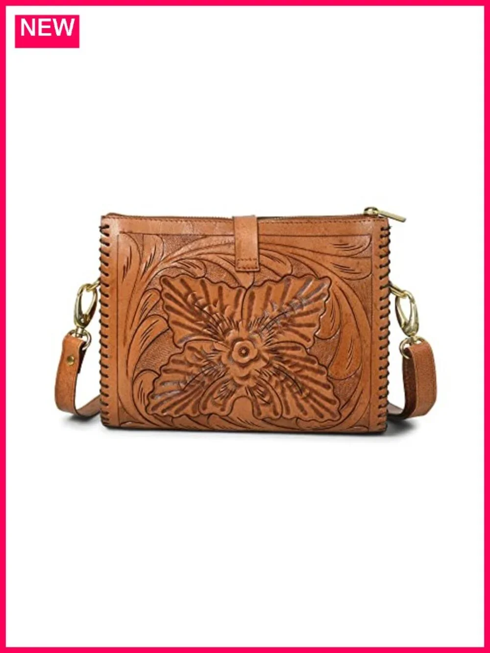 Genuine Leather Crossbody Sling Bag Hand-Tooled Floral Carving Purse